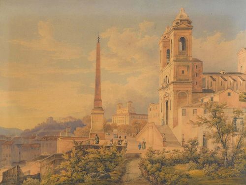 SUTER, JAKOB (1805 Zurich  1874) View of the Spanish steps in Rome with the church Trinità dei Monti. Pen, black chalk and watercolour on paper laid on canvas. Signed and dated lower left in black pen: J:Suter 1843. 44.3 x 62.5 cm. Gold frame.