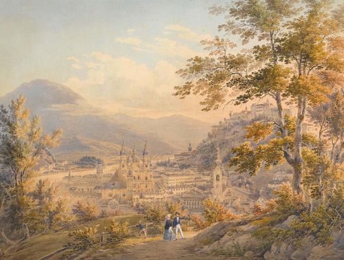 MEIER, JOHANN JACOB (Meilen 1787 - 1858 Zurich ) View of Salzburg, circa 1840. Watercolour. Signed lower right: J.J. Meier. Old title and inscription verso on old label on back panel in brown pen: .. aus dem Florhof, Mai 1929. 45.5 x 60 cm. In original contemporary frame.