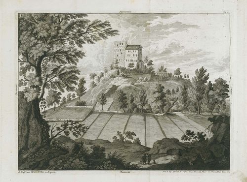 CANTON AARGAU .-Lot of 4 sheets with views of Habsburg, seen from four sides. Engraved by Andreas and Joseph Schmutzer after Johann Heirich Meyer, 1734. 1. A.Castrum Habsburg. B. Brugg oppidum. C. Ara fluv. D. Umicxen villa; 2. A.Castrum Habsburg. B. Castrum Wildenstein. C. Aara fluv.; 3. A.Castrum Habsburg in Aargovia; 4. A.Castrum Habsburg;. B. Schinznach villa. C. Aara fluv. Radierungen, 34.5 x 46 cm.. Each  with engraved title, inscription and date in lower edge of sheet; numbered upper right: from plate 3 to plate 6. From: J.J. Hergott. Genealogia diplomatica... Vienna, Hofdruckerei, 1737. - Large format views in fine strong impressions with full margins. The right side still with old binding mark. Slightly browned and foxed in places, with insignificant wear and some vertical creases. Overall in fine, almost untouched condition.