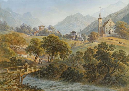 HORNER, FRIEDRICH (1800 Basel 1864).Alpine landscape with high mountain village. Watercolour, 34 x 46 cm (image). Signed lower right: F. Horner. Framed.