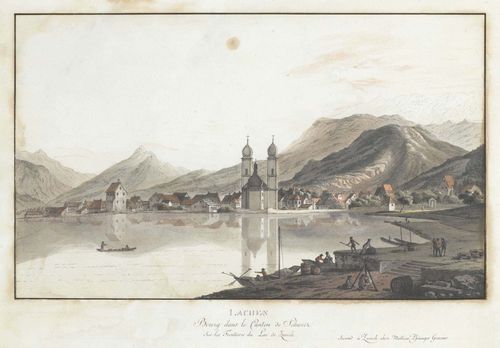CANTON SCHWYZ.-Matthias Pfenninger (1739 - 1813). Lachen Bourg dans le Canton de Schweiz sur les Forntieres du Lac de Zurich. Circa 1790. Original coloured etching. 25 x 40.2 cm. Gold frame. - Fine impression with border. Browned in parts, and with single stain in upper section of the image. Overall good condition. Rare.
