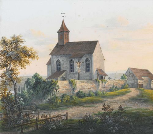 ZURICH - WOLLISHOFEN.-Anonymous, circa 1840. The church of Wollishofen on the old country road (today Kilchbergstrasse). Gouache, 17.5 x 19 cm. Framed.