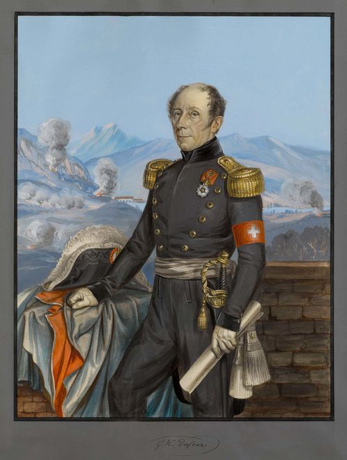 IRMINGER, KARL FRIEDRICH (Aadorf 1813 - 1863 Zurich).Portrait of  General Guillaume-Henri Dufour. Lithograph with original gouache, 40.5 x 32.5 cm. Black pen outer line, grey gouached margin. Inscribed in black pen on lower edge of sheet: G.H.Dufour. Blind embossed stamp: Irminger. Gold frame. - Slightly warped. Overall very good condition. Rare.