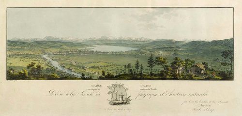 ZURICH.-Heinrich Keller (1778-1862). Chaine d'Alpes vue depouis les environs de Zurich. à Zurich chez Fuessli & Comp. Etching with original colour.  15.3 x 46.8 cm. Framed. - Minor foxing and browning. Good condition.