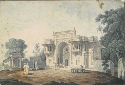 INDIA.-Schiffer, Matthias (Puch/Styria 1744 - 1827 Graz). View of an Indian palace with figures. Watercolour. 29.5 x 43 cm. - High quality piece from this artist specialising in architectural works. Somewhat foxed, upper right corner rubbed, creased lower left. - from an old Basel collection.