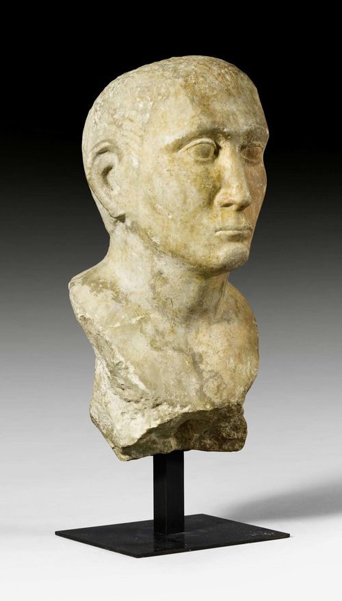 MARBLE HEAD OF A MAN, Hellenistic/Roman, eastern Mediterranean area, circa 1st century BC - 1st century A.D. H 44 cm. Provenance: - Formerly part of a European collection. - Bonhams London auction on 1.5.2008 (Lot No. 224). - From a Paris collection.