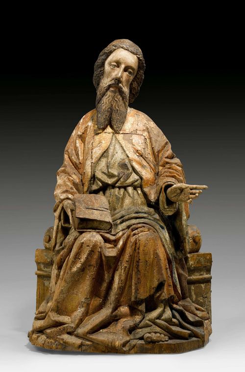 CHRIST ON A THRONE, Gothic, in the style of L. VON BRIXEN (Leonard von Brixen, actually Lienhart Scherhauff, prior to 1438-ca. 1475), Tyrol ca. 1450/60. Carved wood, verso hollowed and with remains of painting. H 103 cm. Provenance: - from an Australian private collection.