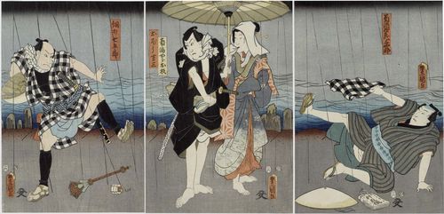A TRIPTYCH BY UTAGAWA KUNISADA (1786-1865). Ôban. A couple stands in the rain while two men are struggling. Signature in Toshidama cartouche: Toyokuni ga. Publisher: Ekyudo. Date seal: 6/1857. Aratame seal.