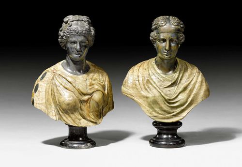 PAIR OF FEMALE BUSTS "A L'ANTIQUE",Baroque, Rome, 18th century. Jasper and various other types of stone with partly burnished bronze. 1 head in bronze, the other in black marble. Chips. H approx. 69 cm.