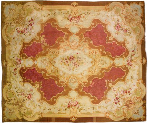AUBUSSON antique.Brown central field with a beige central medallion, patterned with trailing flowers in delicate pastel colours, beige edging, 450x500 cm.