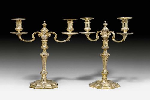 PAIR OF SILVER-GILT CANDELABRAS, London 1738/39. Maker&#39;s mark: Edward Feline. Incised mark on the base &quot;102*/8&quot; . H 37 cm, total weight: 2600g. Provenance: German private collection.