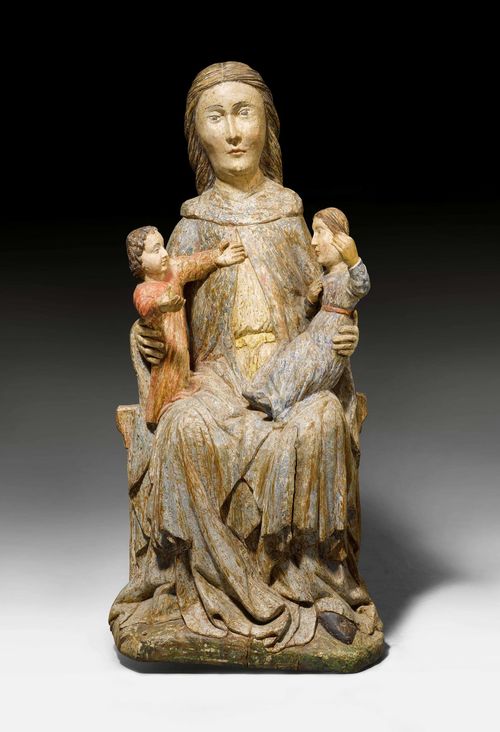 ANNA WITH MARY AND JESUS, Gothic , from the Alpine region, probably 17th century. Carved wood, verso hollowed and painted. Anna throning on a chair, with the Christ Child and Mary on her knees. Painting, not original. H 95 cm. Provenance: - from a Swiss private collection.
