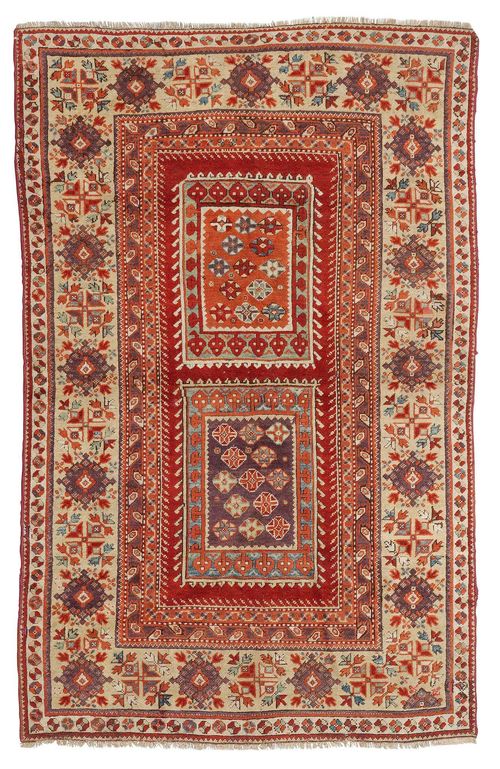 ANATOLIAN antique.Attractive collector's item in very good condition. Red central field with two rectangular medallions, geometrically patterned, yellow border decorated with star-shaped blossoms, 120x180 cm.