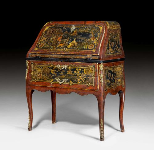 LACQUERED LADY'S DESK BEARING THE COAT-OF-ARMS OF THE SWEDISH ROYAL FAMILY, late Louis XV, in the style of G. FOLTJERN (Gustav Foltjern, maître 1771, active until the early 19th century), Sweden, end of the 19th century. Wood, lacquered all around in the "goût chinois"; on a red ground, colourful park and pagoda landscape with human figures and animals. Front with hinged writing surface over 2 sans traverse drawers. Bronze mounts and sabots. 85x48x(open 76)x110 cm. Provenance: - from a German collection.