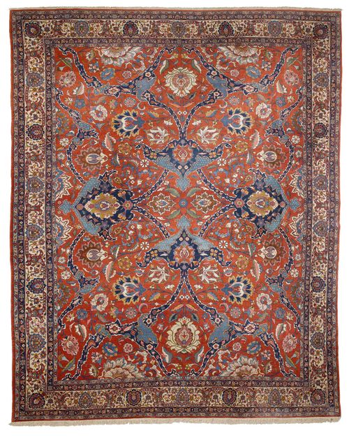 GHOM, wool with silk, old.Red ground, patterned throughout with bulky trailing flowers and palmettes in harmonious colours, white border with trailing flowers, in good condition, 316x442 cm.