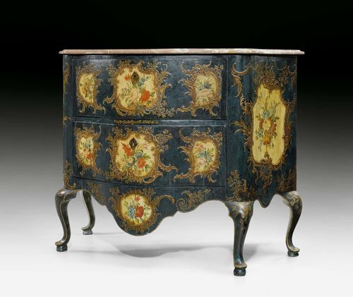 PAINTED COMMODE, Louis XV, Sicily, Palermo ca. 1760. Wood, shaped and painted all around. 2 drawers, bronze mounts. Shaped grey/pink speckled marble top, not original. 122x55x99 cm. Provenance: - from a private collection, Suisse romande.