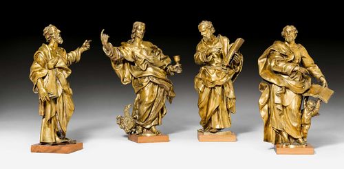 4 EVANGELIST FIGURES, Baroque, Italy, probably Rome ca. 1700. Gilt bronze, verso open. Probably formerly elements of an altar, flat wooden base, not original. H 27 cm. Provenance: - from a Swiss private collection.