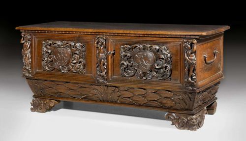 WEDDING CHEST, Renaissance, Rome circa 1600. Walnut, richly carved with caryatids, armorial cartouches of the Roman Vallati family, leaves, volutes and decorative frieze. Old iron lock with lockable compartment. 150x50x67 cm.