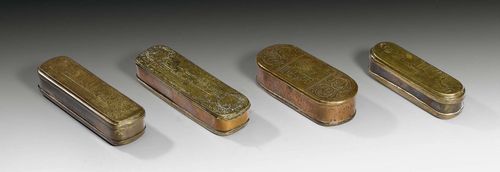 4 TOBACCO BOXES, Baroque, Austria, Germany and The Netherlands, 18th/19th century. Brass and copper, partly engraved and relief-decorated. With hinged lids. L 13 to 16 cm.