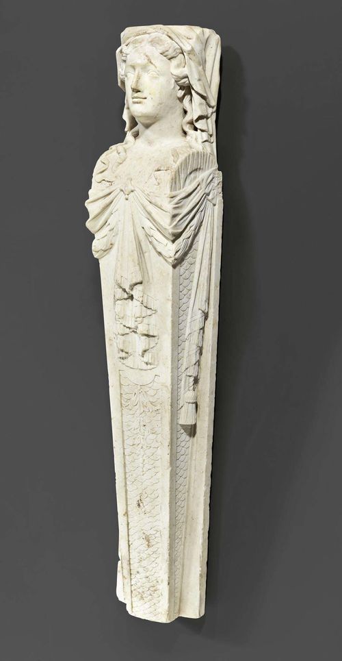 MARBLE CARYATID, late Baroque, Northern Italy, late 18th century. Some chips. H 140 cm.