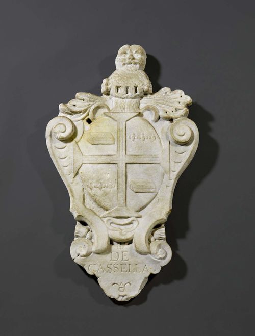 MARBLE CARTOUCHE,Renaissance, with coats of arms of the DE CASELLA family, Genoa, 16th/17th century. "Carrara"-marble.  H 93 cm.