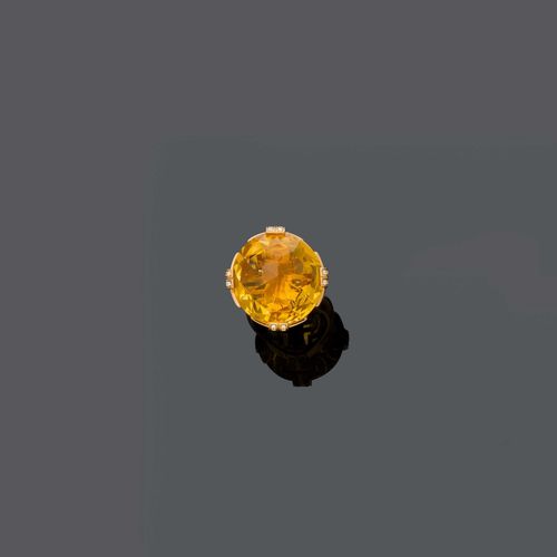 CITRINE AND DIAMOND RING, BY BULGARI. Pink gold 750. Set with 1 round shaped citrine of ca. 17.00 ct, the open work mounting set with brilliant-cut diamonds, weighing ca. 0.40 ct. Size ca. 53.