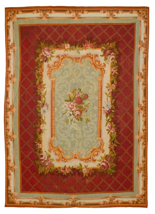 AUBUSSON old.Burgundy central field with a rectangular central medallion in light green and beige, finely patterned with flower garlands, pink border with "Fleurs De Lys", slight wear, 210x300cm.