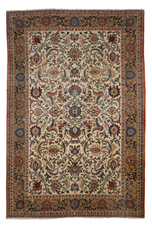 GHOM old. White ground, patterned throughout with trailing flowers, palmettes and birds, beige border, slight wear, 202x297 cm.