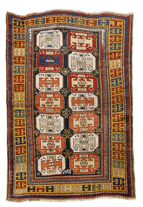 KAZAK old. Dark central field with two gul rows in white and pink, geometrically patterned, yellow edging, 150x214 cm.