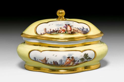 LARGE MEISSEN QUATREFOIL SUGAR BOWL AND COVER, Meissen, ca. 1735. Convex quatrefoil on a yellow ground. Painted with harbour scenes in the style of C. F. Herold. Underglaze blue sword mark, gilder's number 11 on both pieces. Provenance: - Kunsthandel Lukacs-Donath, Rome. - from a Zurich private collection.