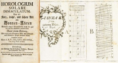 SUNDIAL BOOK: HOROLOGIUM SOLARE IMMACULATUM, ca. 1767. Book. Instructions on the building of sundials, by A.R.D. Gelasio Heuppel, Can. Reg. Prof. in Gars. In the publishing house of Sebastian Mössner, Burger und Buchhandler allda 1767. 53 pages, index and 7 foldable copper plates. D (book) 11 x 18 cm.