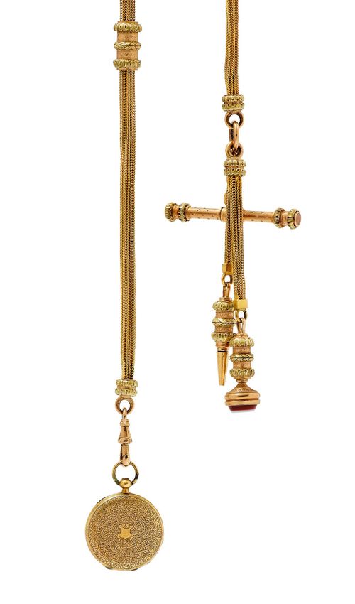 BAUTTE & CO GENÈVE, MINIATURE POCKET WATCH WITH GOLD CHAIN, ca. 1800. Yellow gold. Round, engraved case No. 76839, (Diameter 21 mm), signed: J. F. Bautte a Genève. White enamel dial (damaged) with black Roman numerals and Breguet hands. Miniature cylinder movement (defective) with key winder. 4-row, gold chain (L 40 cm) with 3 intermediate links in red and green gold, gold winding key and gold signet attached.