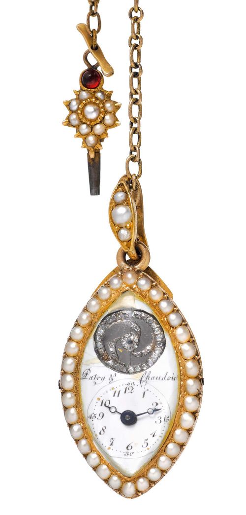 VERY RARE PENDANT WATCH, PATRY & CHAUDROIR, ca. 1850. Pink gold. Navette-shaped case, the lunette and eyelet decorated with half-pearls. Case back with openings for winding, setting the time, and adjustment. White enamelled dial with black, Arabic numerals and blue-Breguet hands, visible balance wheel set with diamonds. Short chain with key set with pearls. With a fine, double anchor chain in gold, L 160 cm.