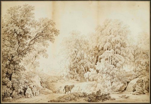 DE LA RIVE, PIERRE LOUIS (Geneva 1753 - 1817 Presinge) Landscape with trees, castle and watercourse: a path with figures and cattle in the foreground. Pen and brush in brown over black crayon. Signed, dated and numbered in pen lower right: de la Rive 1803. 25. Old mount. 55 x 76 cm. Framed. Provenance: - Norbury, Derbyshire, England (according to a handwritten note verso)