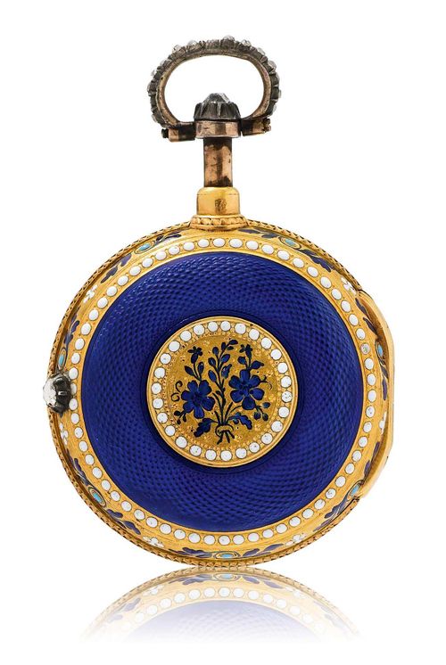 GOLD AND ENAMEL POCKET WATCH WITH REPEATER, ca. 1780. Yellow gold. Finely decorated with enamel in blue, white and turquoise, lunette and bow decorated with diamonds, the back engine-turned and enamelled in translucent blue. Case No. 244. White enamel dial with black Roman numerals, silver hands set with diamonds, key winder at 2h. Small verge movement with 1/4 repeater (defective), repeater with 2 hammers on case, activated with pusher. D 38 mm.