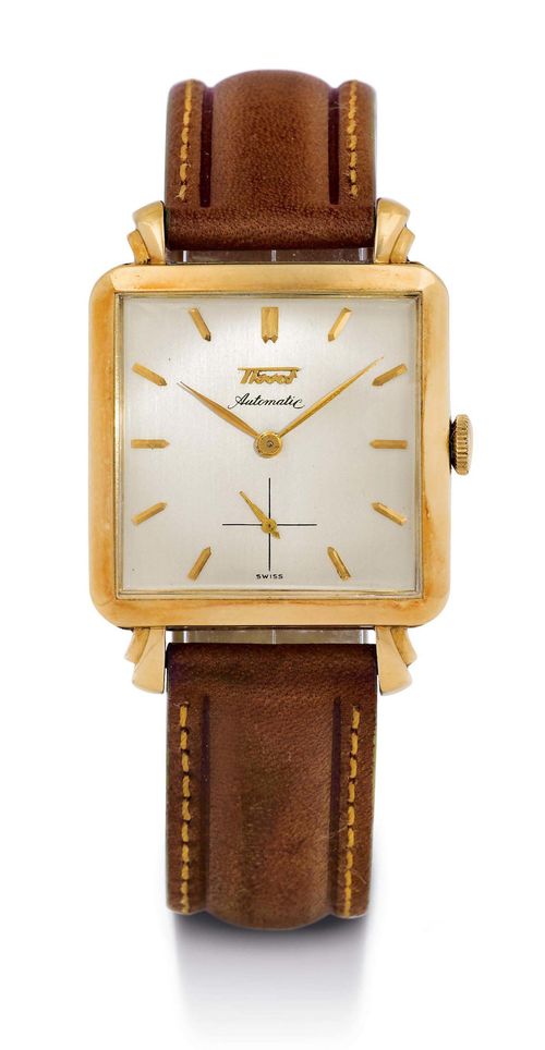 TISSOT AUTOMATIC GENTLEMAN'S WRISTWATCH, ca. 1950s. Yellow gold 750. Square case No. 4036290, signed: Chs. Tissot & Fils, convex Plexiglas, profiled lugs. Silver-plated dial with applied gold indices, gold hands, and Tissot name. Small second at 6h. Hammer automatic movement No. 2789480 with screw balance and 17 rubies. Leather band with clasp. D 31 x 31 mm.