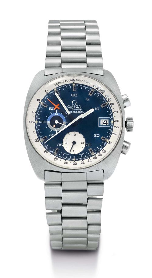 RARE OMEGA SEAMASTER AUTOMATIC CHRONOGRAPH WITH PULSOMETER SCALE, ca. 1970. Stainless steel. Ref. 176.007, tonneau-shaped case, screw-down back, Plexiglas. Blue dial with applied indices, white pulsometer scale, white luminous hands, date at 3h, hour counter at 6h, small second and 24h dial at 9h, central chronograph and minute counter hand. Automatic Cal. 1040. Brushed steel band with fold-over clasp. D 42 x 38 mm.
