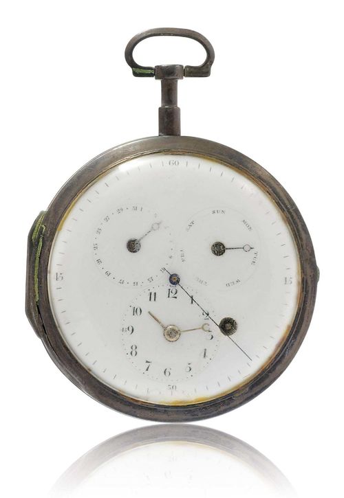 LARGE SILVER POCKET WATCH WITH CALENDAR, ca. 1800. Silver. Smooth, silver case, signed HPA. White enamel dial with central second, date at 10h, day at 2h, hour and minutes at 6h, key winder at 5h. Gilt verge movement with silver regulator scale, fusee and chain, signed: Breguet a Paris. D 62 mm.