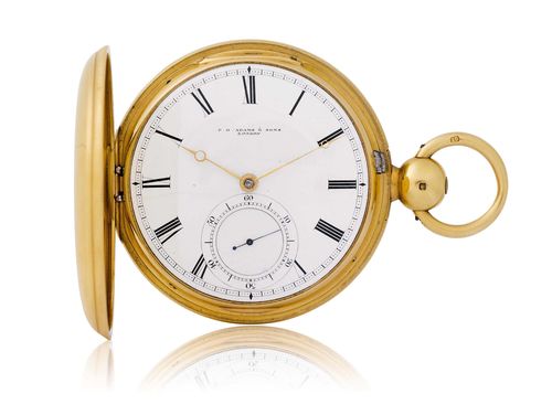 ADAMS & SONS LONDON, HEAVY PRECISION POCKET WATCH, ca. 1830. Yellow gold 750. Large, engine-turned savonette case No. 282, case maker's initials H W.F, hallmarks for 1834, with dust cover. Fine, white, 2-part enamelled dial with black Roman numerals and small second at 6h. Signed: F.B. Adams & Sons London, gold Breguet hands. Precision watch with key winder. Fusee and chain, signed: F.B. Adams & Sons St. John's Square London, No. 73282. English pin lever escapement with very large compensation balance (ca. 23 mm), full plate with jewels in screwed chatons, engraved balance bridge with diamond cover stone. D 60 mm.