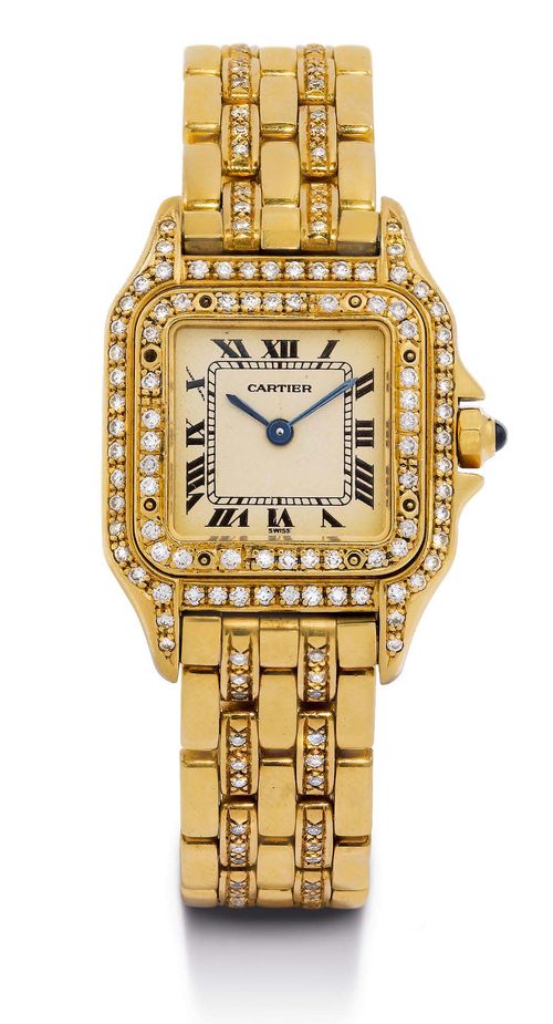 DIAMOND LADY'S WRISTWATCH, CARTIER PANTHER, 1990s. Yellow gold 750. Gold case No. 86691133516 with brilliant-cut diamond lunette and attaches. Cream-coloured dial with Roman numerals and blued hands. Quartz movement. Gold band with fold-over clasp, decorated with 72 diamonds. Total weight of the diamonds ca. 1.30 ct.