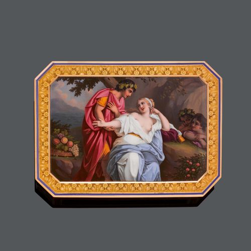 ENAMELLED GOLD SNUFF-BOX, BY R&#201;MOND LAMY &amp; CIE, Geneva, um 1815. Yellow and pink gold, 136g. Octagonal box, the cover set with an enamel plaque depicting a romantic scene with bacchantes, within a foliate gold border. Sides and base set with panels of translucent blue enamel over a shells engine-turned ground. Enamel of the side chipped. Ca. 9,5 x 6,8 x 1,5 cm.