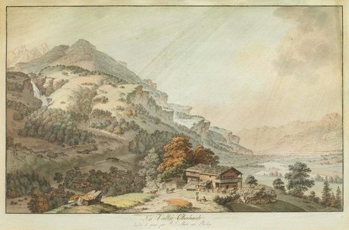 ABERLI, JOHANN LUDWIG (Winterthur 1723 - 1786 Bern).La Vallée Oberhasli dessiné et gravé par J.L.Aberli avec Privileg. Etching with original colour, 21.5 x 35.4 cm. Gold frame.