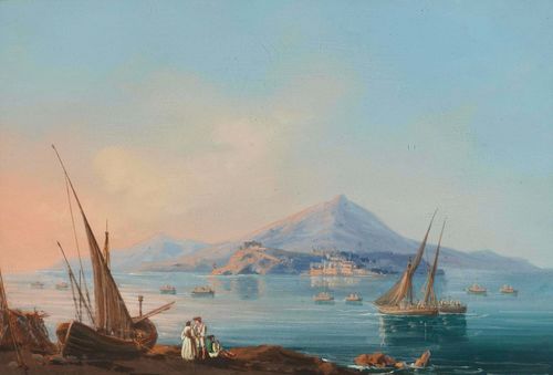ITALY - NAPLES.-Anonymous, circa 1850. View with view of Naples, probably on Island of Procida, with fishing boats in the foreground. Gouache, 24 x 33 cm. With black gouached margins. Framed.