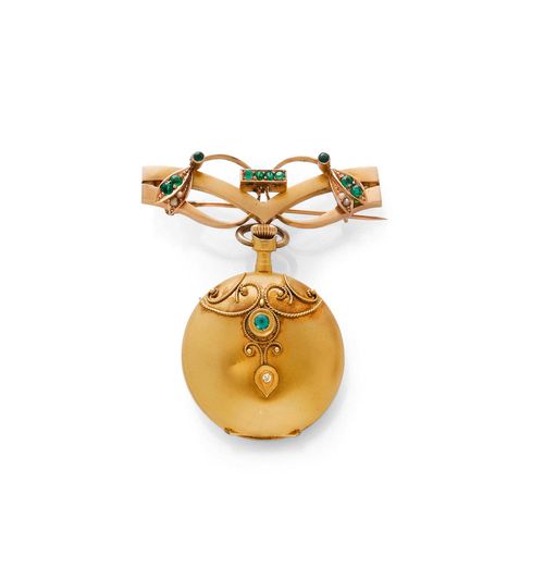 DIAMOND SAVONNETTE PENDANT WATCH WITH BROOCH, ca. 1900. Yellow gold. Matte-finished case No. 43655, the cover decorated with applied volutes and garlands as well as with 1 small single-cut diamond and 1 green glass stone, small dents. Enamelled dial with Arabic numerals and Louis XV hands. Dust cover missing. Cylinder movement. Mounted on a small bicolour brooch decorated with green glass stones and 4 pearls.
