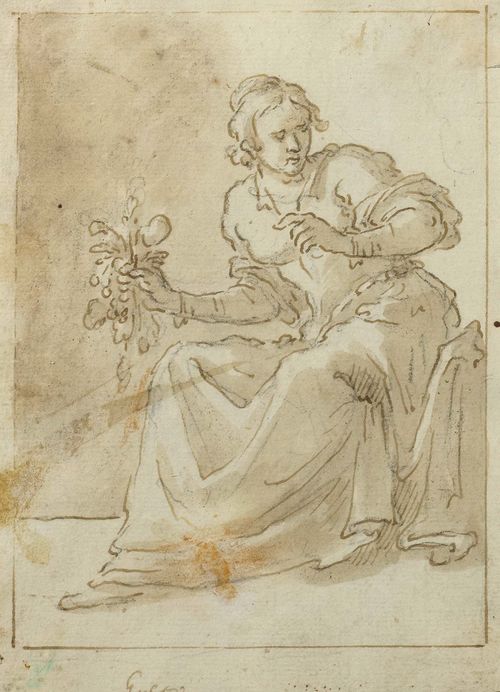 BASSETTI, MARCO ANTONIO (1588 Verona 1630) Four depictions of the senses: 1. Taste 2. Sight. 3. Smell 4. Hearing. Verso: figure studies. Brown pen, brown wash. 13.2 x 8.3 cm, 13.2 x 8 cm, 13 x 9.1 cm, 13.5 x 9.5 cm. Framed together Provenance: - collection of Girgio dalla Bella, Lugt 3774 Literature: - Ugo Ruggeri. Disegni Veneti e Lombardi dal XVI al XVIII secolo. Catalogue of the Istituto Nazionale per la Grafica Gabinetto dei Disegni e delle Stampe. Rome 1989. p. 15 and 16, figs. 4-7