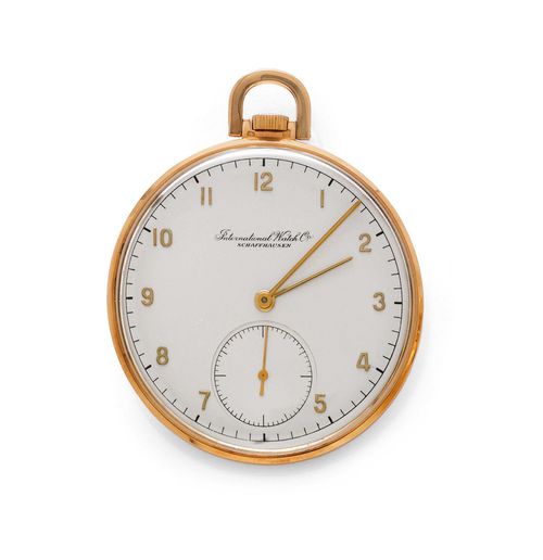 POCKET WATCH, IWC, 1920s. Pink gold 750. Flat, polished case No. 1143132 with bow-shaped pendant. Silver-coloured dial with applied Arabic numerals and baton hands, small second at 6h, signed. Flat lever escapement No. 10033448 with Breguet spring, Glucydur balance, 1 cap plate. D 45 mm.