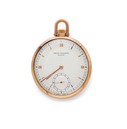 POCKET WATCH, PATEK PHILIPPE, 1940s. Pink gold 750. Ref. 706/3. Polished case No. 673265. Silver-coloured dial with applied Roman numerals and baton hands, outer minute division with indices, small second at 6h. Lever escapement No. 871714 with Geneva stripes finish, Breguet spring, bimetallic balance, swan neck regulator, 1 cap plate. D 46 mm.