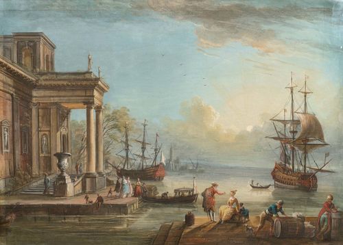 LALLEMAND, JEAN BAPTISTE (Dijon 1716 - 1803 Paris) 1. Harbour view with Palladian style palace. 2. Harbour view with tower, seen through an antique arch. Gouache on paper, laid on canvas. The first signed lower right: 'Lall.../man..."; the second signed: Lallemand. Each 20.8 x 36.2 cm. Framed.