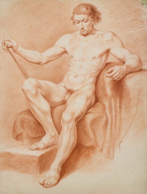 Attributed to CHODOWIECKI, DANIEL NIKOLAUS (Danzig 1726 - 1801 Berlin), Seated male nude. Red chalk. 52.8 x 40 cm (image). Framed.