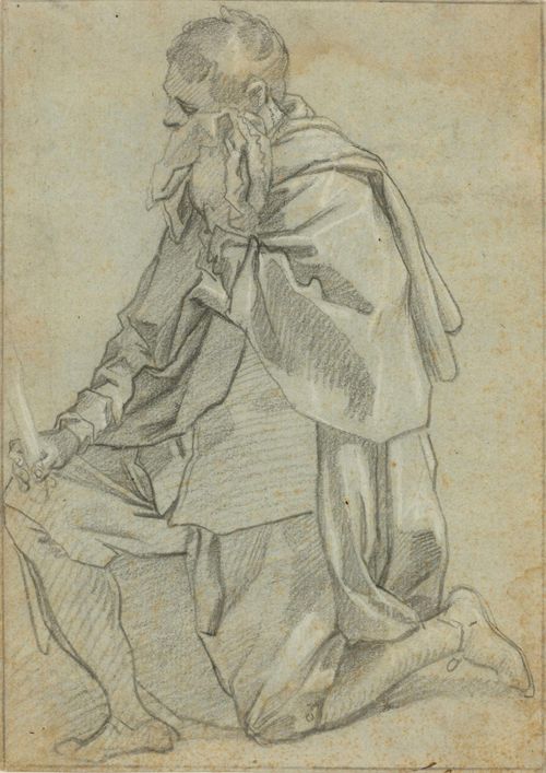 VANNI, FRANCESCO (1563 Siena 1609) Boy kneeling. Black chalk. Summary sketches verso. Inscribed verso by unknown hand: Fr. Vanni. 21.6 x 15.6 cm. Provenance: - Collection of Adolf Glünstein, 1849 Hamburg, Lugt 123